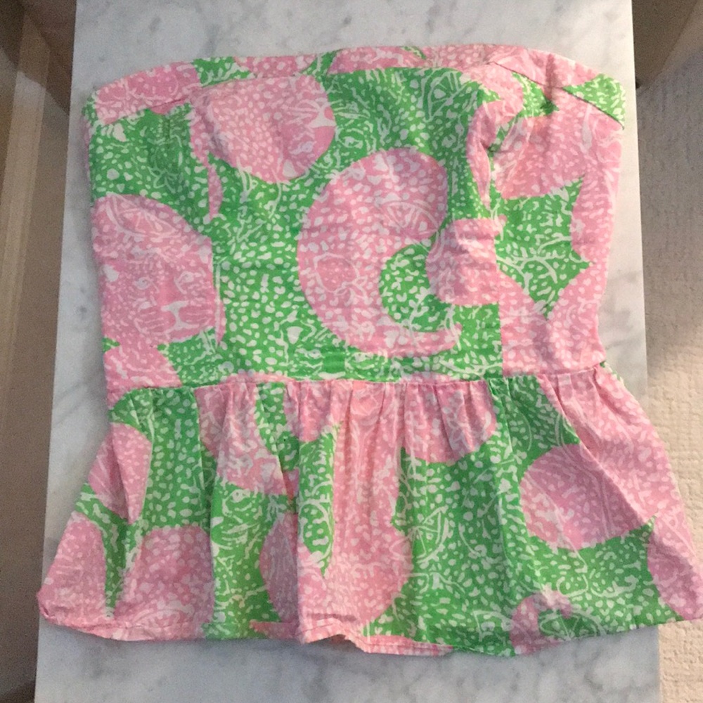Pink and Green Peplum Strapless Shirt